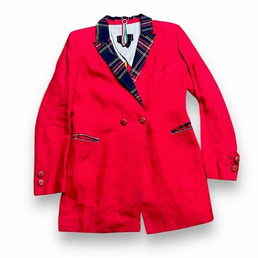 Vintage Michele Rossi Italian Designer Silk Viscose Plaid Trim Red Blazer US 6